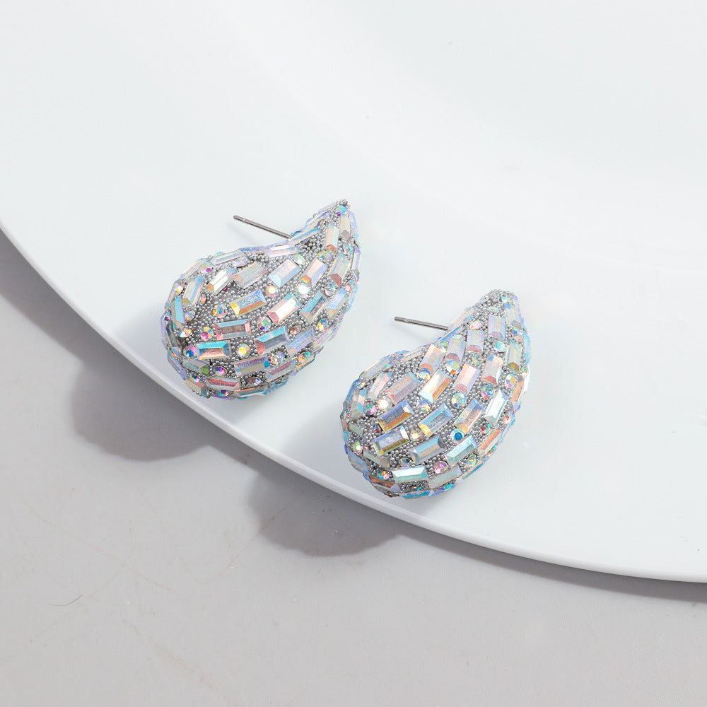 Wholesale Fashion Full Diamond Water Drop Gradient Color Metal Earrings
